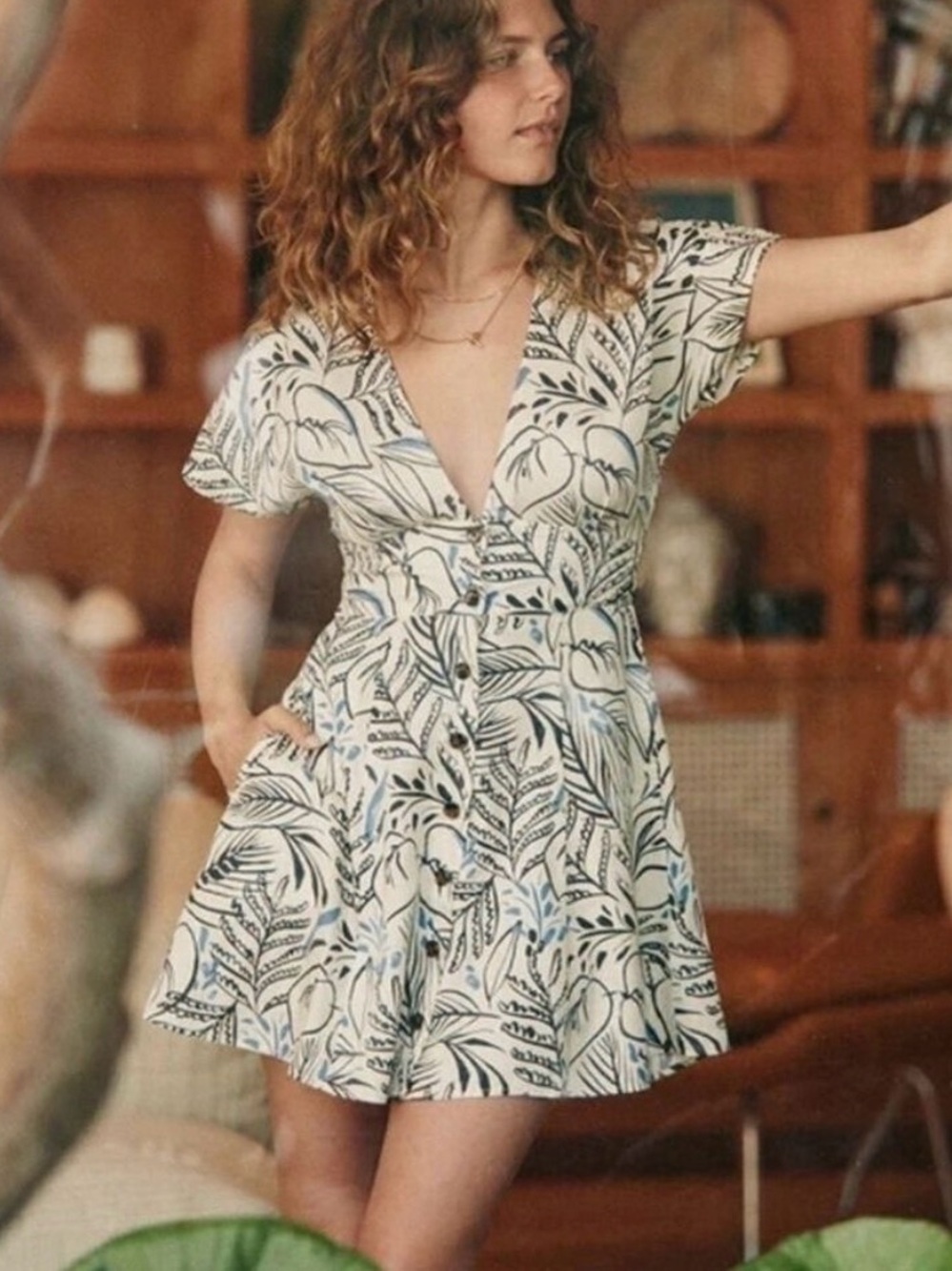 Marine Layer V-Neck Cream Mini Dress with Blue Botanical Print